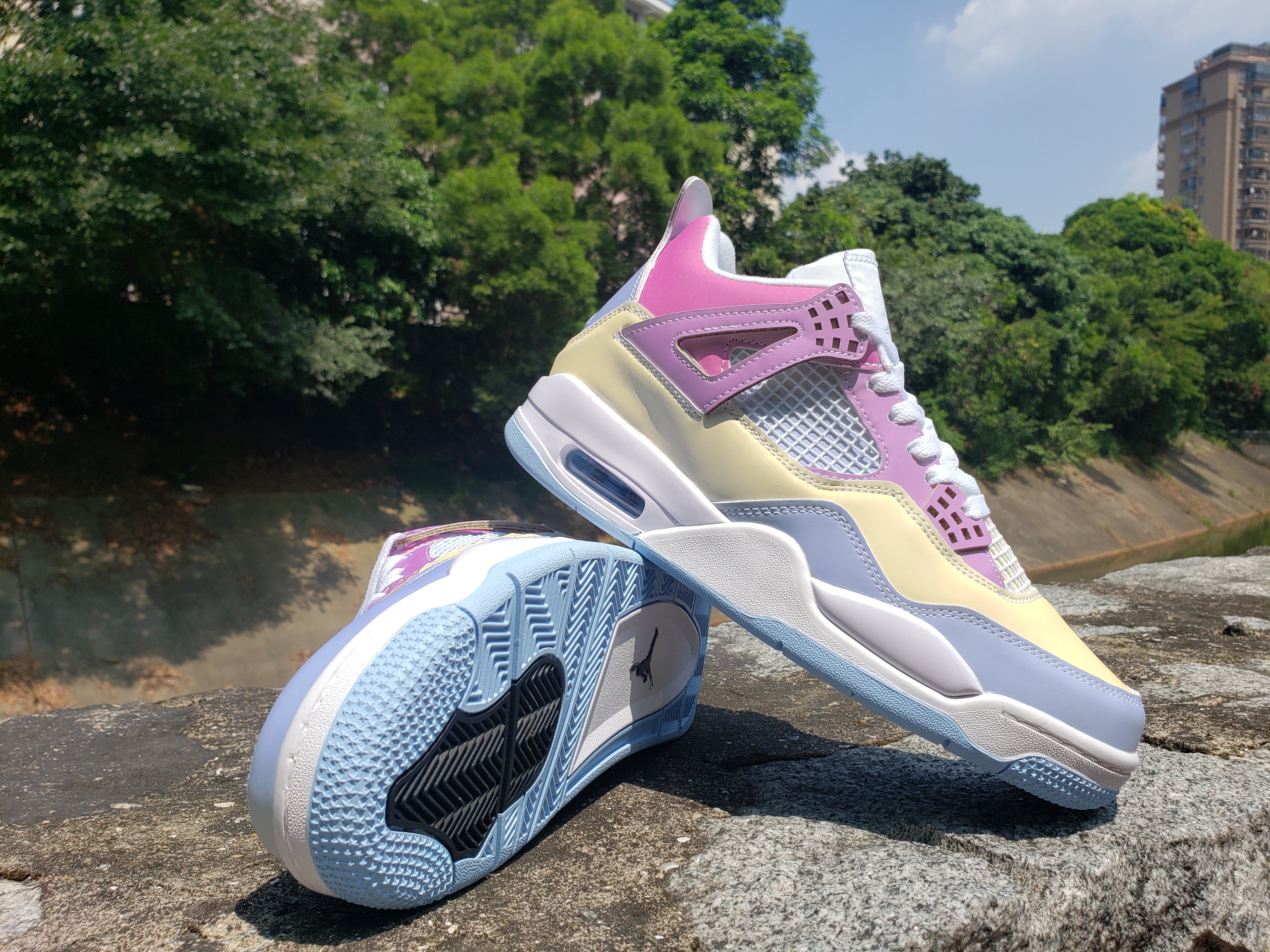 Women 2021 Air Jordan 4 Yellow Pink Blue White - Click Image to Close